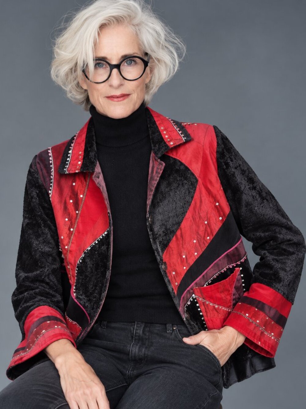 Parsley & Sage Unique Vintage-Inspired Red & Black Patchwork Jacket